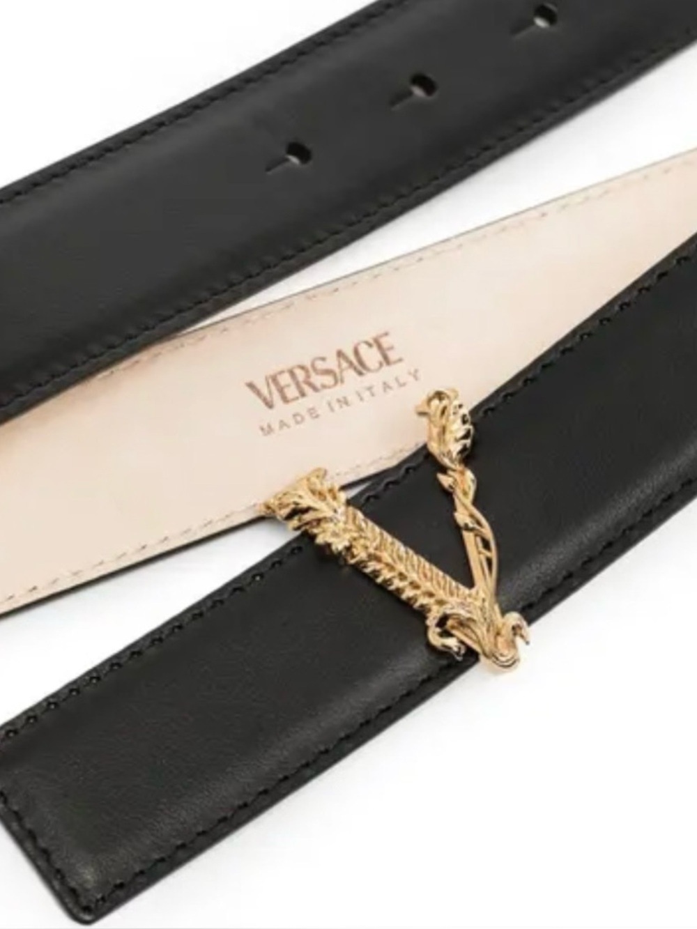 Versace Virtus Black Leather Belt with Gold V Motif - Picture 4 of 7